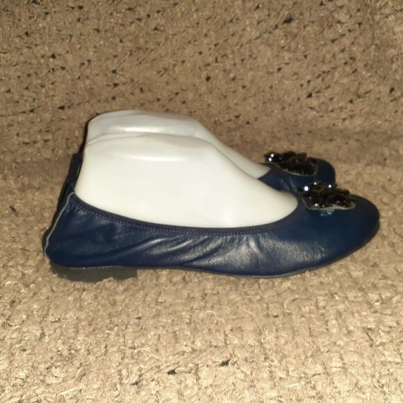 Vintage Y2k LOZZI-Navy Leather Ballet Flats/Pyramid Studs-Italy-Sz 40-Near Mint - Picture 5 of 8